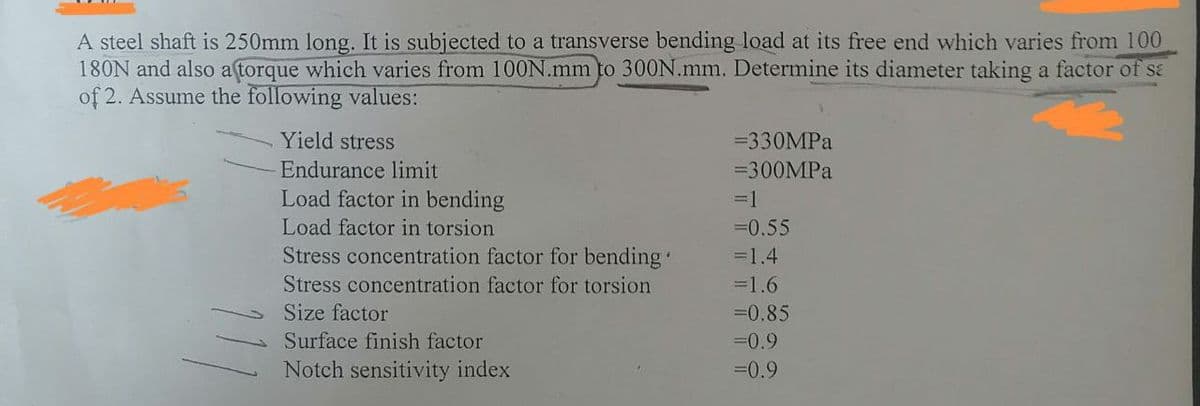 A steel shaft is 250mm long. It is subjected to a transverse bending load at its free end which varies from 100
180N and also a torque which varies from 100N.mm to 300N.mm. Determine its diameter taking a factor of sa
of 2. Assume the following values:
Yield stress
Endurance limit
Load factor in bending
Load factor in torsion
Stress concentration factor for bending
Stress concentration factor for torsion
Size factor
Surface finish factor
Notch sensitivity index
=330MPa
=300MPa
=1
=0.55
=1.4
=1.6
=0.85
=0.9
=0.9