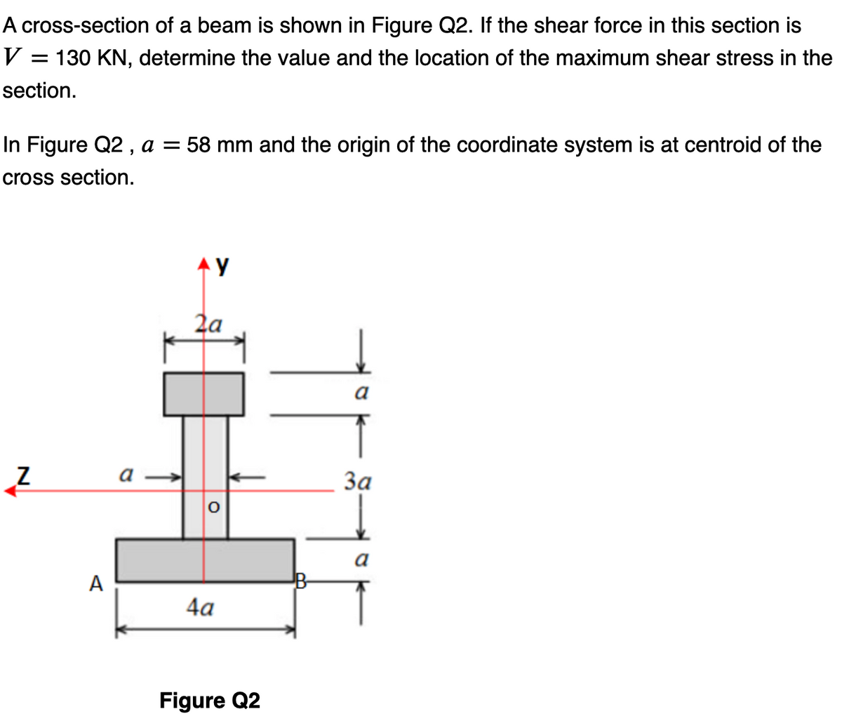 A cross-section of a beam is shown in Figure Q2. If the shear force in this section is
V = 130 KN, determine the value and the location of the maximum shear stress in the
section.
In Figure Q2, a = 58 mm and the origin of the coordinate system is at centroid of the
cross section.
Z
A
a
AY
2a
4a
Figure Q2
7°1
3a
a