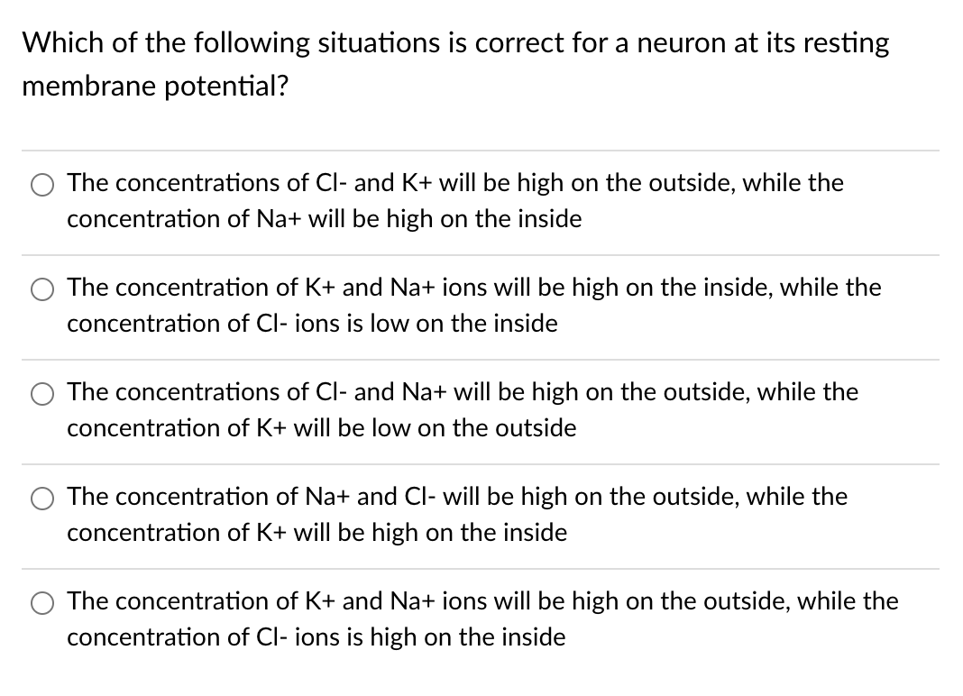 Which of the following situations is correct for a neuron at its resting
membrane potential?
The concentrations of Cl- and K+ will be high on the outside, while the
concentration of Na+ will be high on the inside
The concentration of K+ and Na+ ions will be high on the inside, while the
concentration of Cl- ions is low on the inside
The concentrations of Cl- and Na+ will be high on the outside, while the
concentration of K+ will be low on the outside
The concentration of Na+ and Cl- will be high on the outside, while the
concentration of K+ will be high on the inside
The concentration of K+ and Na+ ions will be high on the outside, while the
concentration of Cl- ions is high on the inside
