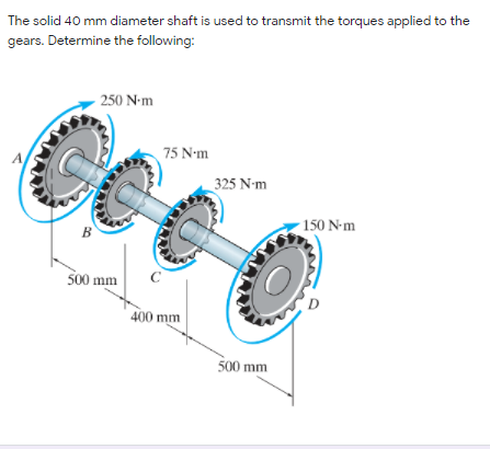 The solid 40 mm diameter shaft is used to transmit the torques applied to the
gears. Determine the following:
- 250 N-m
75 N-m
_325 N-m
в
- 150 N-m
500 mm
400 mm
500 mm
