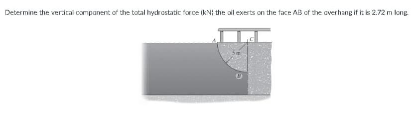 Determine the vertical component of the total hydrostatic force (kN) the oil exerts on the face AB of the overhang if it is 2.72 m long.
5 m
B