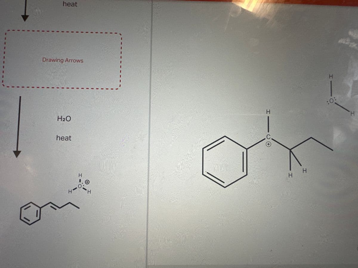 Curved arrows are used to illustrate the flow of
electrons. Using the provided starting and product
structures, draw the curved electron-pushing
arrows for the following reaction or mechanistic
steps. Be sure to account for all bond-breaking and
bond-making steps.
Drawing Arrows
H₂O
heat
H
HH
Select to Add Arrows
H
:CI:
/
H
H
H
:0:
H