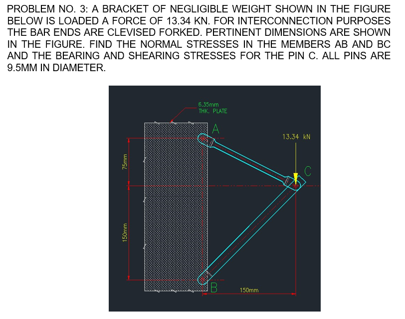PROBLEM NO. 3: A BRACKET OF NEGLIGIBLE WEIGHT SHOWN IN THE FIGURE
BELOW IS LOADED A FORCE OF 13.34 KN. FOR INTERCONNECTION PURPOSES
THE BAR ENDS ARE CLEVISED FORKED. PERTINENT DIMENSIONS ARE SHOWN
IN THE FIGURE. FIND THE NORMAL STRESSES IN THE MEMBERS AB AND BC
AND THE BEARING AND SHEARING STRESSES FOR THE PIN C. ALL PINS ARE
9.5MM IN DIAMETER.
6.35mm
THK. PLATE
A
13.34 kN
C
150mm
150mm
75mm
ml
