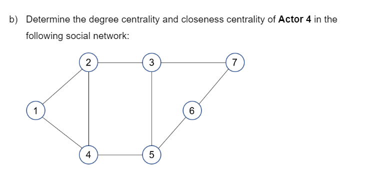 b) Determine the degree centrality and closeness centrality of Actor 4 in the
following social network:
1
2
4
3
5
6
7