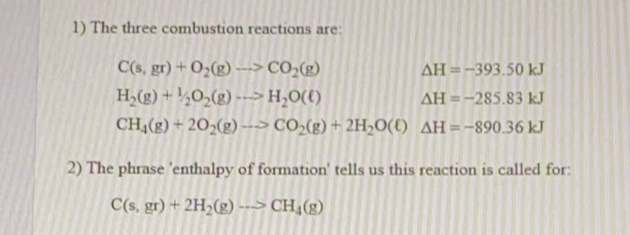 1) The three combustion reactions are:
C(s, gr) + O2(g) ---> CO2(g)
H,(g) + ½0,(g) ->H,0(t)
AH = -393.50 kJ
AH =-285.83 kJ
CH4(g) + 202(g) ---> CÔ»(g) + 2H,0(1) AH=-890.36 kJ
2) The phrase 'enthalpy of formation' tells us this reaction is called for:
C(s, gr) + 2H2(g) ---> CH4(g)
