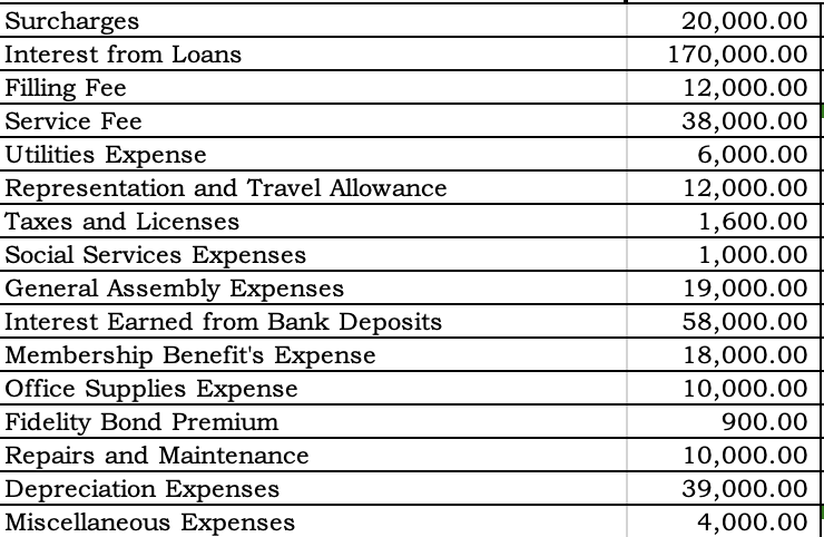 Surcharges
20,000.00
170,000.00
12,000.00
38,000.00
6,000.00
12,000.00
1,600.00
Interest from Loans
Filling Fee
Service Fee
Utilities Expense
Representation and Travel Allowance
Taxes and Licenses
Social Services Expenses
General Assembly Expenses
Interest Earned from Bank Deposits
1,000.00
19,000.00
58,000.00
18,000.00
10,000.00
Membership Benefit's Expense
Office Supplies Expense
Fidelity Bond Premium
Repairs and Maintenance
Depreciation Expenses
Miscellaneous Expenses
900.00
10,000.00
39,000.00
4,000.00
