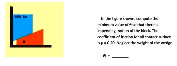 550 1b
In the figure shown, compute the
minimum value of e so that there is
impending motion of the block. The
coefficient of friction for all contact surface
is u = 0.20. Neglect the weight of the wedge.
O =
