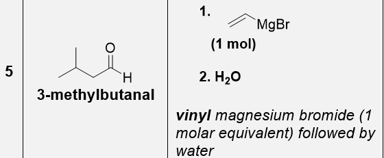 1.
(1 mol)
5
`H
2. H20
3-methylbutanal
vinyl magnesium bromide (1
molar equivalent) followed by
water
