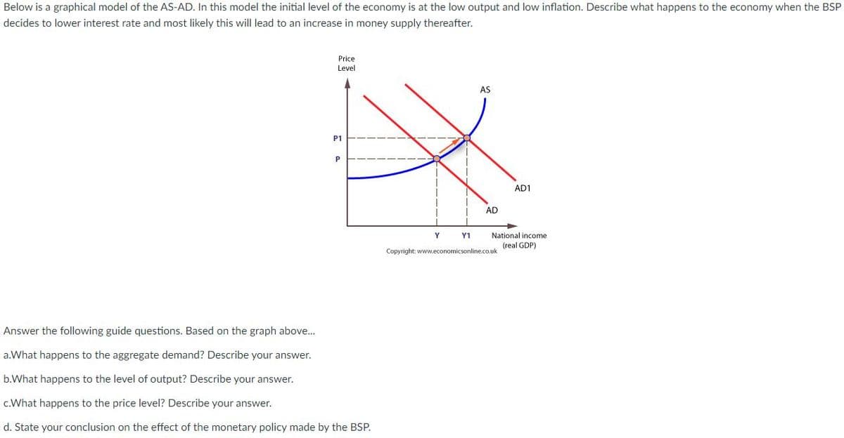 Below is a graphical model of the AS-AD. In this model the initial level of the economy is at the low output and low inflation. Describe what happens to the economy when the BSP
decides to lower interest rate and most likely this will lead to an increase in money supply thereafter.
Price
Level
AS
P1
P
AD1
AD
Y
Y1
National income
(real GDP)
Copyright: www.economicsonline.co.uk
Answer the following guide questions. Based on the graph above..
a.What happens to the aggregate demand? Describe your answer.
b.What happens to the level of output? Describe your answer.
c.What happens to the price level? Describe your answer.
d. State your conclusion on the effect of the monetary policy made by the BSP.
