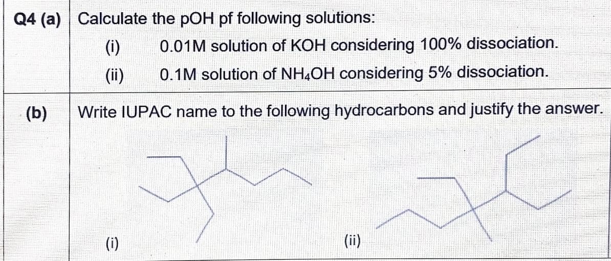 Q4 (a) Calculate the pOH pf following solutions:
(i)
0.01M solution of KOH considering 100% dissociation.
(ii)
0.1M solution of NH4OH considering 5% dissociation.
(b)
Write IUPAC name to the following hydrocarbons and justify the answer.
(i)
(ii)
