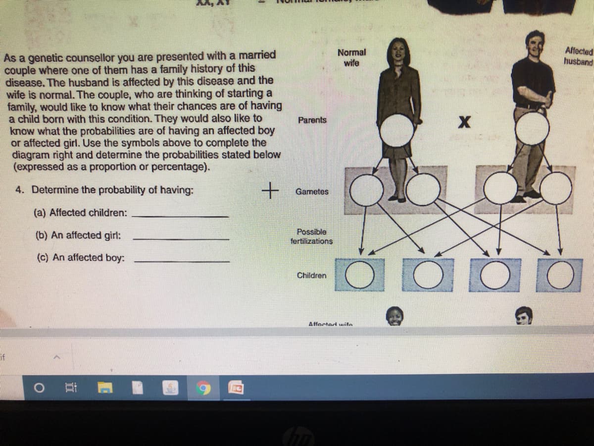 Normal
wife
Affected
husband
As a genetic counsellor you are presented with a married
couple where one of them has a family history of this
disease. The husband is affected by this disease and the
wife is normal. The couple, who are thinking of starting a
family, would like to know what their chances are of having
a child born with this condition. They would also like to
know what the probabilities are of having an affected boy
or affected girl. Use the symbols above to complete the
diagram right and determine the probabilities stated below
(expressed as a proportion or percentage).
Parents
4. Determine the probability of having:
Gametes
(a) Affected children:
Possible
(b) An affected girl:
fertilizations
(c) An affected boy:
O O O O
Children
Affected aite
if
耳
