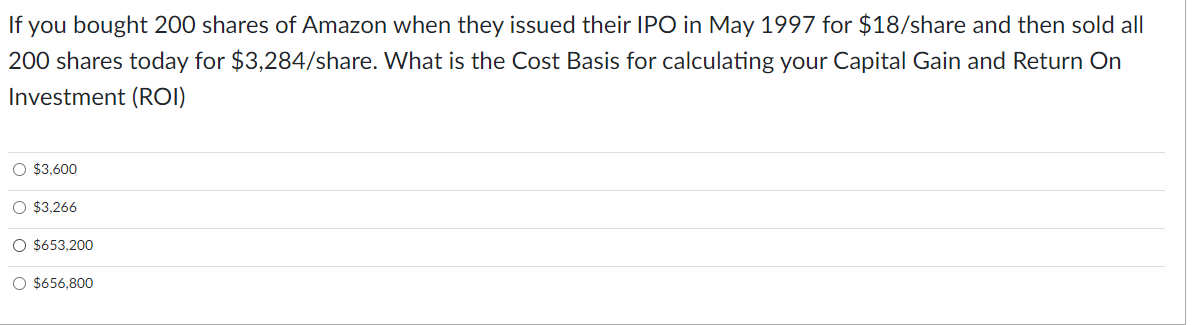 If you bought 200 shares of Amazon when they issued their IPO in May 1997 for $18/share and then sold all
200 shares today for $3,284/share. What is the Cost Basis for calculating your Capital Gain and Return On
Investment (ROI)
O $3,600
O $3,266
O $653,200
O $656,800
