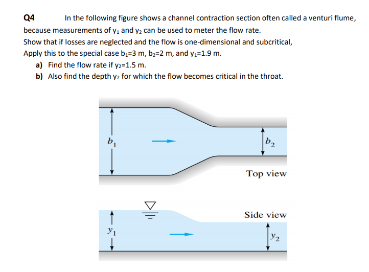 Q4
In the following figure shows a channel contraction section often called a venturi flume,
because measurements of y, and y2 can be used to meter the flow rate.
Show that if losses are neglected and the flow is one-dimensional and subcritical,
Apply this to the special case b;=3 m, b;=2 m, and y,=1.9 m.
a) Find the flow rate if y2=1.5 m.
b) Also find the depth y2 for which the flow becomes critical in the throat.
b,
b2
Top view
Side view
