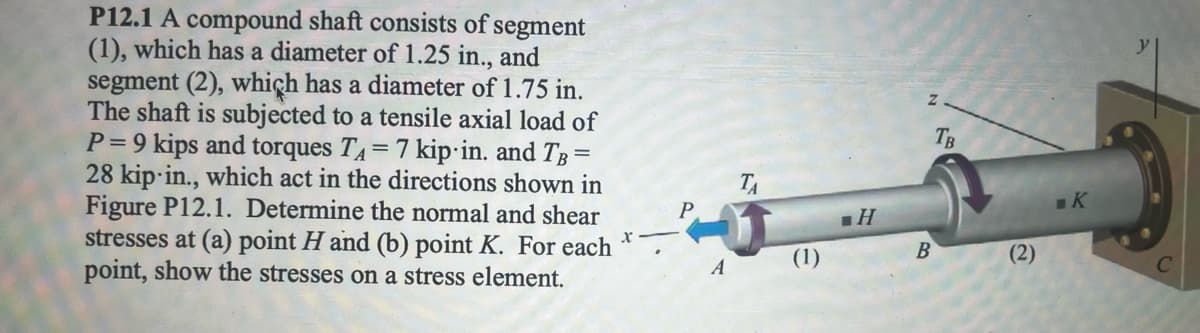 P12.1 A compound shaft consists of segment
(1), which has a diameter of 1.25 in., and
segment (2), which has a diameter of 1.75 in.
The shaft is subjected to a tensile axial load of
P=9 kips and torques T₁ = 7 kip in. and TB =
28 kip in., which act in the directions shown in
Figure P12.1. Determine the normal and shear
stresses at (a) point H and (b) point K. For each
point, show the stresses on a stress element.
x
Z
TB
TA
P
■H
K
A
(1)
B
(2)