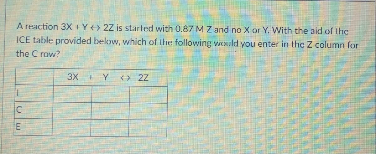 A reaction 3X +Y 2Z is started with 0.87 M Z and no X or Y. With the aid of the
ICE table provided below, which of the following would you enter in the Z column for
the C row?
3X + Y
2Z
C
