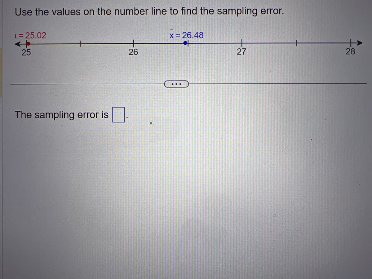 Use the values on the number line to find the sampling error.
1 = 25.02
25
The sampling error is
26
x = 26.48
27
28