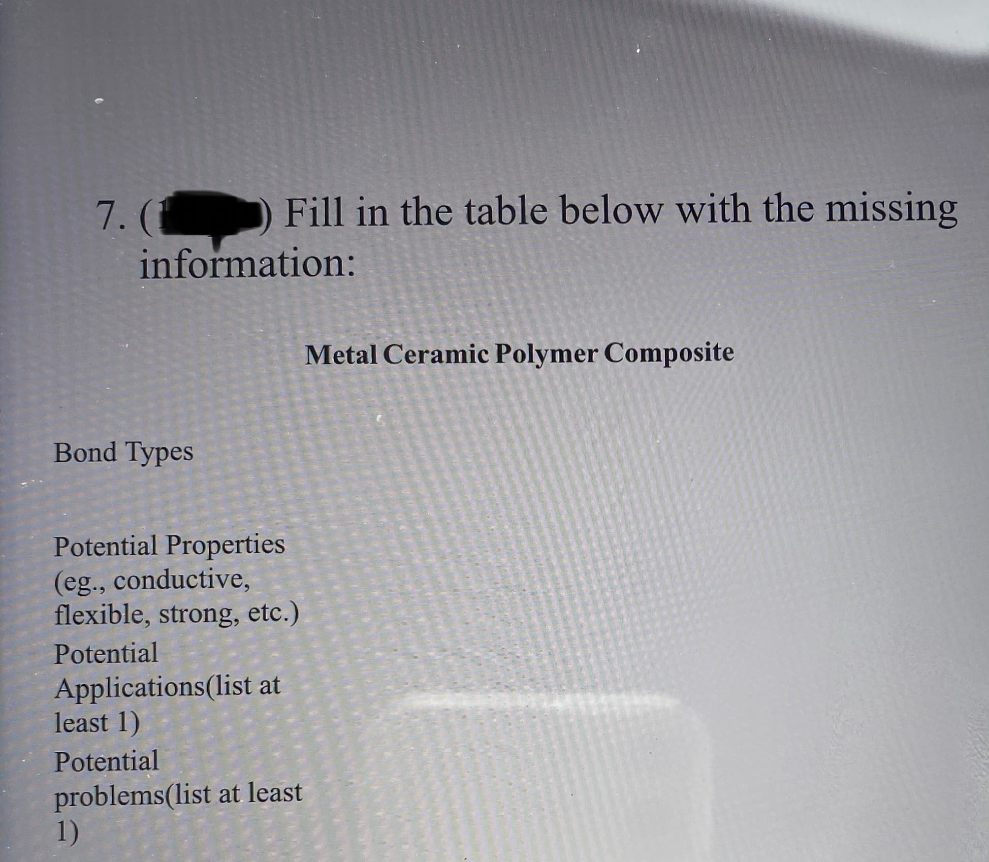 Fill in the table below with the missing
7. (
information:
Metal Ceramic Polymer Composite
