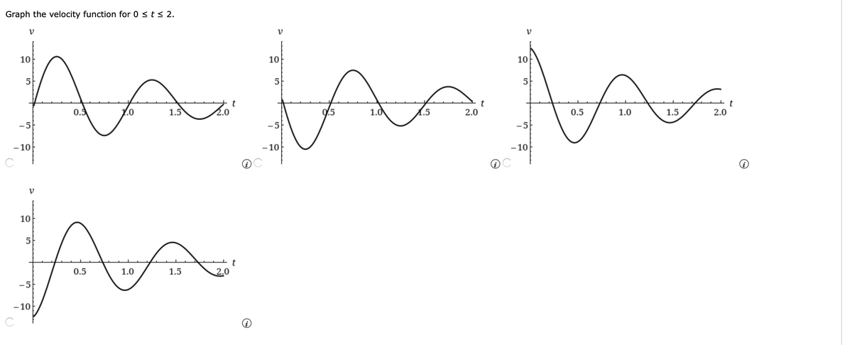 Graph the velocity function for 0 <t < 2.
V
V
10
10
10
5
5
0.5
Y.0
1.5
9.5
1.0
2.0
0.5
1.0
1.5
2.0
-5
-5
-5
- 10
- 10
- 10
C
V
10
5
0.5
1.0
1.5
2.0
-5
- 10
