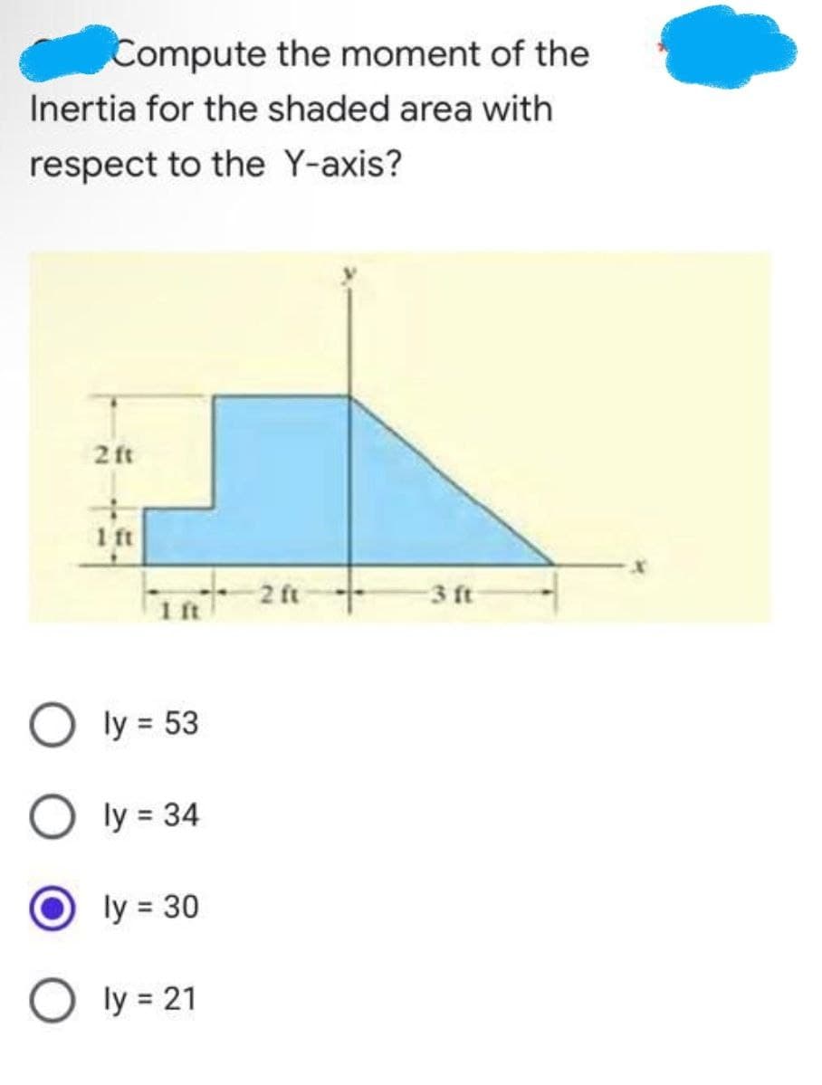 Compute the moment of the
Inertia for the shaded area with
respect to the Y-axis?
2 ft
1 ft
2 ft
3 ft
ly = 53
ly = 34
ly = 30
ly = 21
