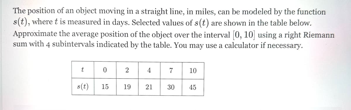 The position of an object moving in a straight line, in miles, can be modeled by the function
s(t), where t is measured in days. Selected values of s(t) are shown in the table below.
Approximate the average position of the object over the interval [0, 10] using a right Riemann
sum with 4 subintervals indicated by the table. You may use a calculator if necessary.
t
0
2
4
7
10
s(t) 15
19
21
30
45