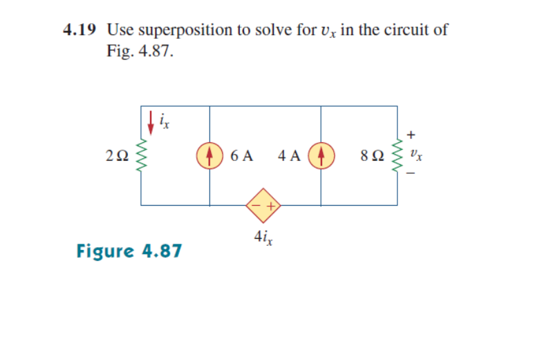 4.19 Use superposition to solve for v, in the circuit of
Fig. 4.87.
Vx
) 6 A
4 A (4)
4ix
Figure 4.87
