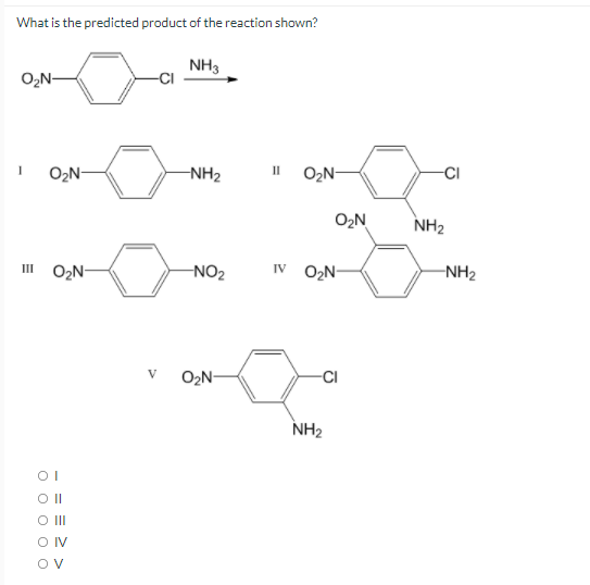 What is the predicted product of the reaction shown?
NH3
O,N-
O2N-
-NH2
II
O2N-
CI
O2N
NH2
IV O2N-
II
O2N-
-NO2
-NH2
O2N-
V
NH2
OI
O II
O IV
OV
