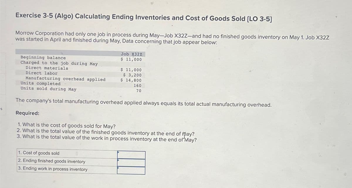 S
Exercise 3-5 (Algo) Calculating Ending Inventories and Cost of Goods Sold [LO 3-5]
Morrow Corporation had only one job in process during May-Job X32Z-and had no finished goods inventory on May 1. Job X32Z
was started in April and finished during May, Data concerning that job appear below:
Job X32Z
Beginning balance
Charged to the job during May
Direct materials
Direct labor
Manufacturing overhead applied
Units completed
Units sold during May
$ 11,000
$ 11,000
$ 3,200
$ 14,800
160
70
The company's total manufacturing overhead applied always equals its total actual manufacturing overhead.
Required:
1. What is the cost of goods sold for May?
2. What is the total value of the finished goods inventory at the end of May?
3. What is the total value of the work in process inventory at the end of May?
1. Cost of goods sold
2. Ending finished goods inventory
3. Ending work in process inventory