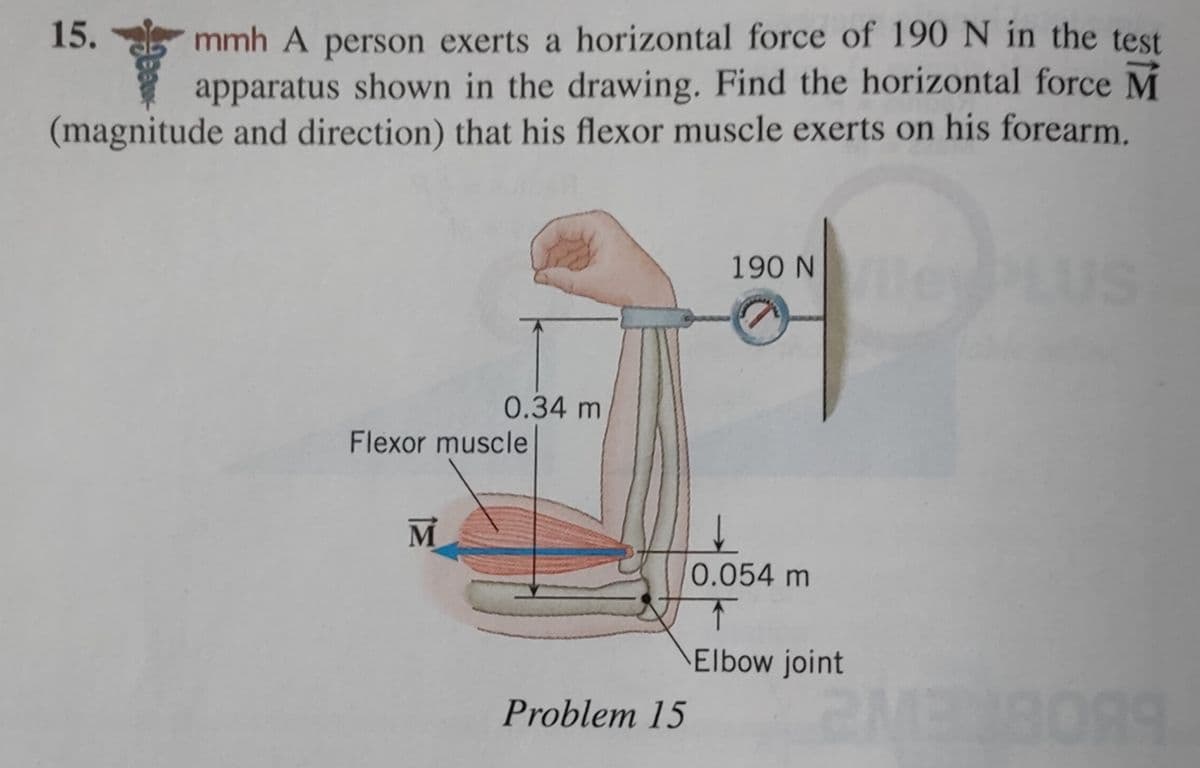 15.
mmh A person exerts a horizontal force of 190 N in the test
apparatus shown in the drawing. Find the horizontal force M
(magnitude and direction) that his flexor muscle exerts on his forearm.
0.34 m
Flexor muscle
M
Problem 15
190 N
↓
0.054 m
↑
Elbow joint
2M318099
