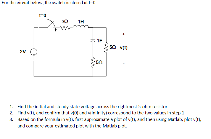 For the circuit below, the switch is closed at t=0.
t=0
2V
502
1H
wm
1F
w
59
5Ω
ww
+
502 v(t)
1. Find the initial and steady state voltage across the rightmost 5-ohm resistor.
2. Find v(t), and confirm that v(0) and v(infinity) correspond to the two values in step 1
3. Based on the formula in v(t), first approximate a plot of v(t), and then using Matlab, plot v(t),
and compare your estimated plot with the Matlab plot.