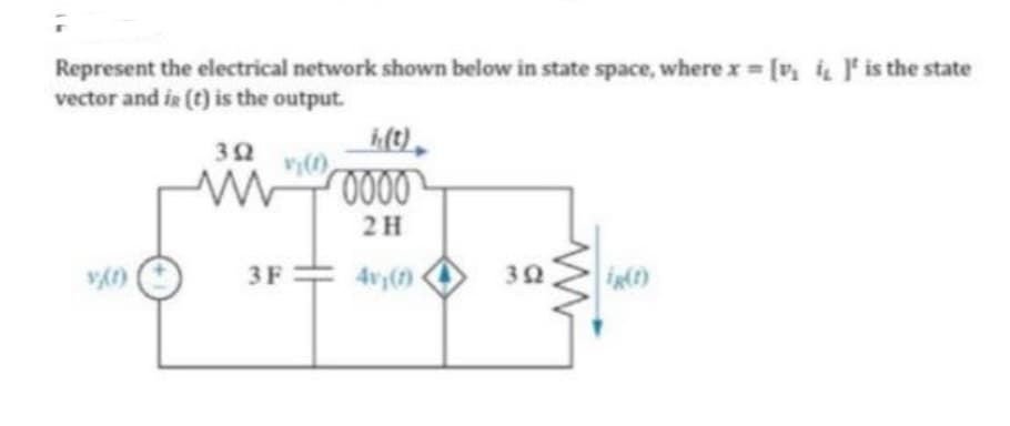 Represent the electrical network shown below in state space, where x = [ i ]' is the state
vector and is (t) is the output.
www
(t)
302
V₁(1)
www
0000
2H
v(t)
3F
4v₁(1)
302
(t)