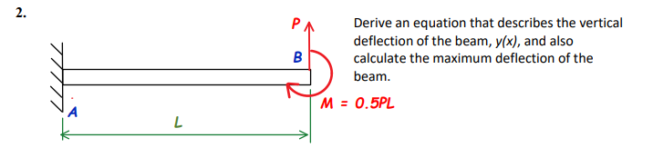 2.
P
Derive an equation that describes the vertical
deflection of the beam, y(x), and also
B
calculate the maximum deflection of the
beam.
M = 0.5PL
%3D
