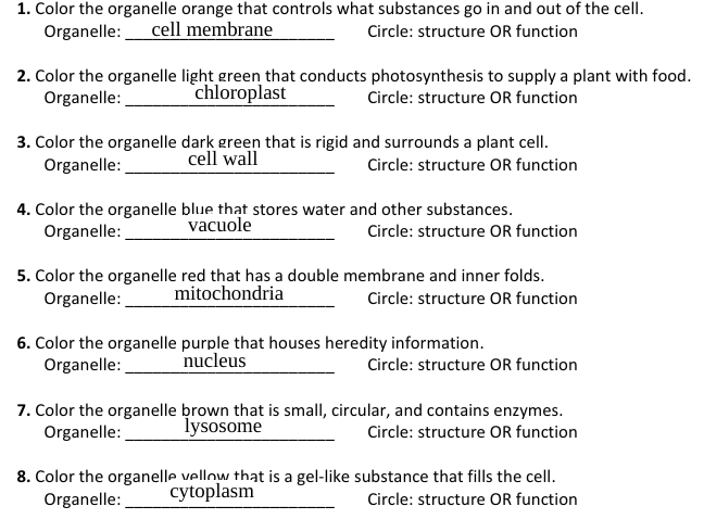 1. Color the organelle orange that controls what substances go in and out of the cell.
Organelle: cell membrane
Circle: structure OR function
2. Color the organelle light green that conducts photosynthesis to supply a plant with food.
Organelle:
chloroplast
Circle: structure OR function
3. Color the organelle dark green that is rigid and surrounds a plant cell.
Organelle:
cell wall
Circle: structure OR function
4. Color the organelle blue that stores water and other substances.
Organelle:
vacuole
Circle: structure OR function
5. Color the organelle red that has a double membrane and inner folds.
mitochondria
Organelle:
Circle: structure OR function
6. Color the organelle purple that houses heredity information.
Organelle:
nucleus
Circle: structure OR function
7. Color the organelle brown that is small, circular, and contains enzymes.
Organelle:
lysosome
Circle: structure OR function
8. Color the organelle vellow that is a gel-like substance that fills the cell.
Organelle:
cytoplasm
Circle: structure OR function
