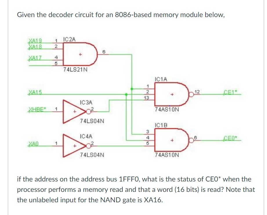Given the decoder circuit for an 8086-based memory module below,
1 IC2A
XA19
SA18
KA17
4
74LS21N
IC1A
1
XA15
12
CE1*
13
IC3A
XHBE*
74AS10N
74LS04N
IC1B
IC4A
4
CEO*
1
74LS04N
74AS10N
if the address on the address bus 1FFF0, what is the status of CEO* when the
processor performs a memory read and that a word (16 bits) is read? Note that
the unlabeled input for the NAND gate is XA16.
