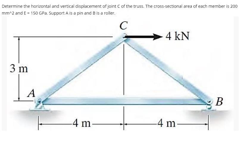 Determine the horizontal and vertical displacement of joint C of the truss. The cross-sectional area of each member is 200
mm^2 and E = 150 GPa. Support A is a pin and B is a roller.
C
3 m
A
-4 m-
4 kN
-4 m-
B