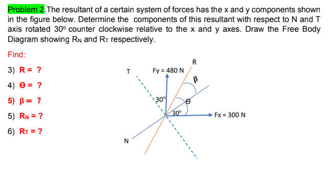 Problem 2.The resultant of a certain system of forces has the x and y components shown
in the figure below. Determine the components of this resultant with respect to N and T
axis rotated 30° counter clockwise relative to the x and y axes. Draw the Free Body
Diagram showing RN and RT respectively.
Find:
R
3) R = ?
Fy = 480 N
4) e = ?
5) B= ?
30
5) RN = ?
30°
Fx = 300 N
6) RT = ?
