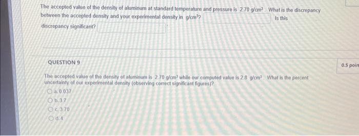 The accepted value of the density of aluminum at standard temperature and pressure is 2.70 g/cm³ What is the discrepancy
between the accepted density and your experimental density in g/cm²?
Is this
discrepancy significant?
QUESTION 9
The accepted value of the density of aluminum is 2.70 g/cm³ while our computed value is 2.8 g/cm³ What is the percent
uncertainty of our experimental density (observing correct significant figures)?
a. 0.037
Ob.37
c.3.70
d.4
0.5 poin