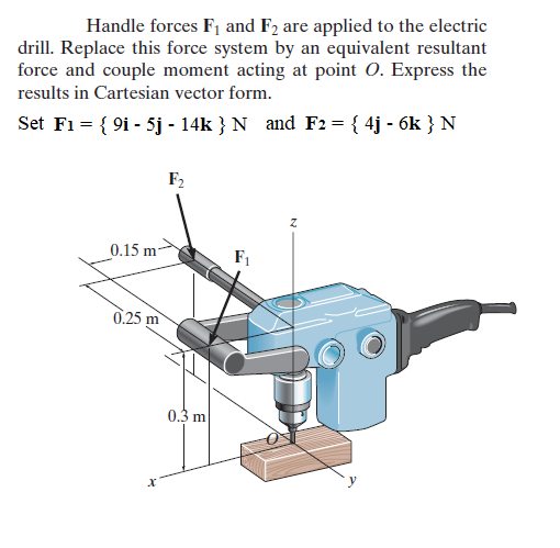 Handle forces F1 and F, are applied to the electric
drill. Replace this force system by an equivalent resultant
force and couple moment acting at point O. Express the
results in Cartesian vector form.
Set F1 = { 9i - 5j - 14k } N and F2 = { 4j - 6k } N
F2
0.15 m
0.25 m
0.3 m
