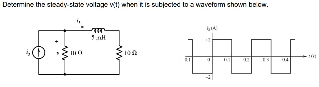 Determine the steady-state voltage v(t) when it is subjected to a waveform shown below.
is (A)
5 mH
vle
+2
i, (1
10 2
10 N
+t (s)
-0.1
0.1
0.2
0.3
0.4
-2

