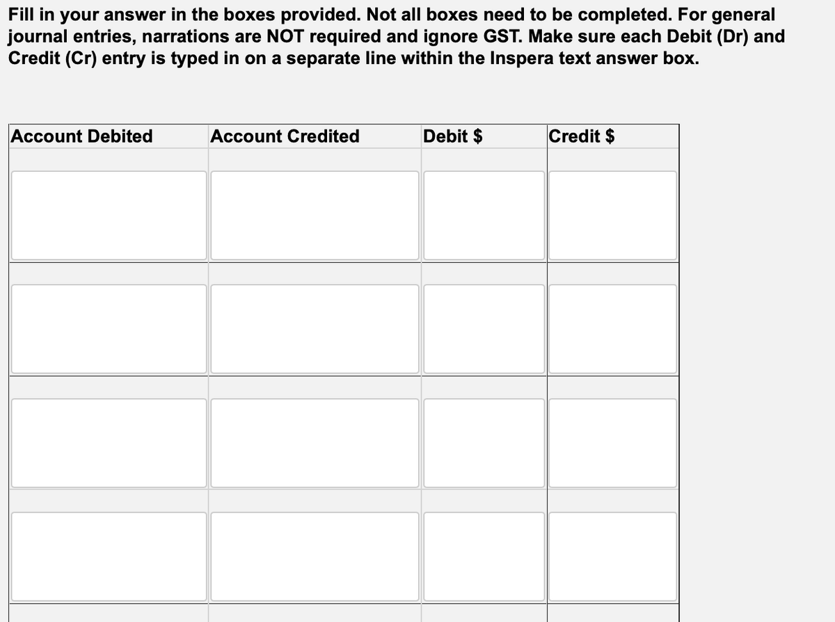 Fill in your answer in the boxes provided. Not all boxes need to be completed. For general
journal entries, narrations are NOT required and ignore GST. Make sure each Debit (Dr) and
Credit (Cr) entry is typed in on a separate line within the Inspera text answer box.
Account Debited
Account Credited
Debit $
Credit $