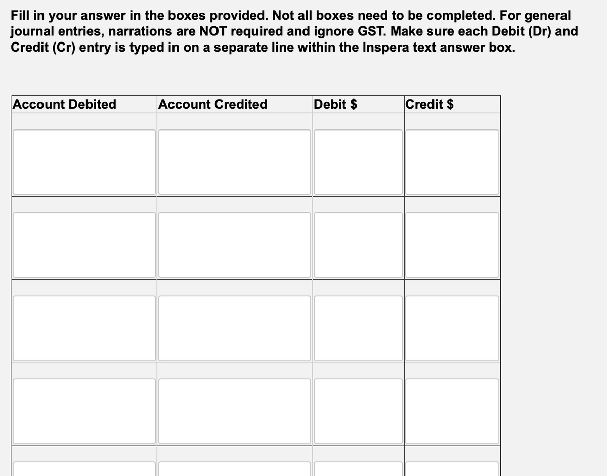 Fill in your answer in the boxes provided. Not all boxes need to be completed. For general
journal entries, narrations are NOT required and ignore GST. Make sure each Debit (Dr) and
Credit (Cr) entry is typed in on a separate line within the Inspera text answer box.
Account Debited
Account Credited
Debit $
Credit $