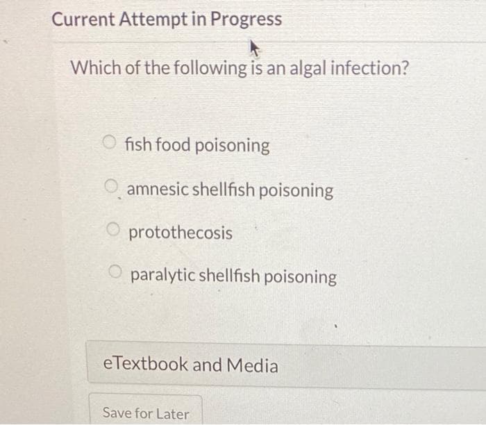 Current Attempt in Progress
Which of the following is an algal infection?
fish food poisoning
amnesic shellfish poisoning
protothecosis
O paralytic shellfish poisoning
eTextbook and Media
Save for Later