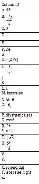 Column B
A. 48
B. √2
2
C.0
D.
E
F. 24
G
H.-(2/9)
I.
J
K
a
L. 1
M. isosceles
N. sine
0.-â,
P.divergenceless
Q. cose
R. 2
S. /4
T. 2√2
U. 5m
4
V
W
X. solenoidal
Y. isosceles right
Z.