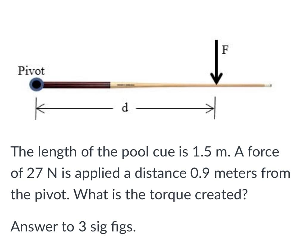 F
Pivot
d
The length of the pool cue is 1.5 m. A force
of 27 N is applied a distance 0.9 meters from
the pivot. What is the torque created?
Answer to 3 sig figs.
