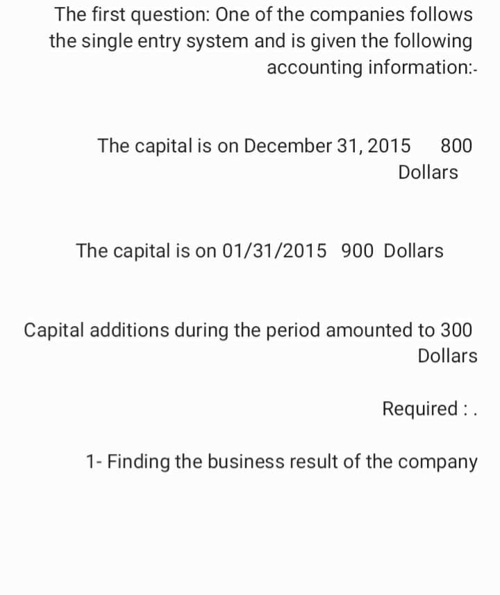 The first question: One of the companies follows
the single entry system and is given the following
accounting information:-
The capital is on December 31, 2015
800
Dollars
The capital is on 01/31/2015 900 Dollars
Capital additions during the period amounted to 300
Dollars
Required : .
1- Finding the business result of the company
