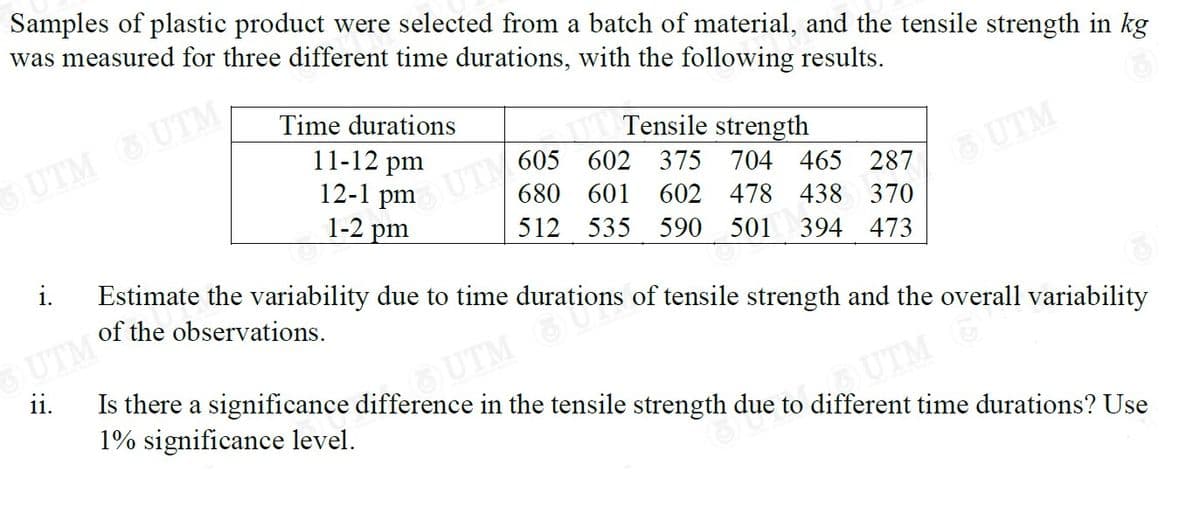 Samples of plastic product were selected from a batch of material, and the tensile strength in kg
was measured for three different time durations, with the following results.
UTM UTM
i.
Time durations
11-12 pm
12-1 pm
1-2 pm
OUTMO
ii.
OUTH
Tensile strength
605
602 375 704 465 287
680 601 602 478 438 370
512 535 590 501 394 473
6 UTM
Estimate the variability due to time durations of tensile strength and the overall variability
of the observations.
OUTMtion
Is there a significance difference in the tensile strength due to different time durations? Use
1% significance level.
UTM