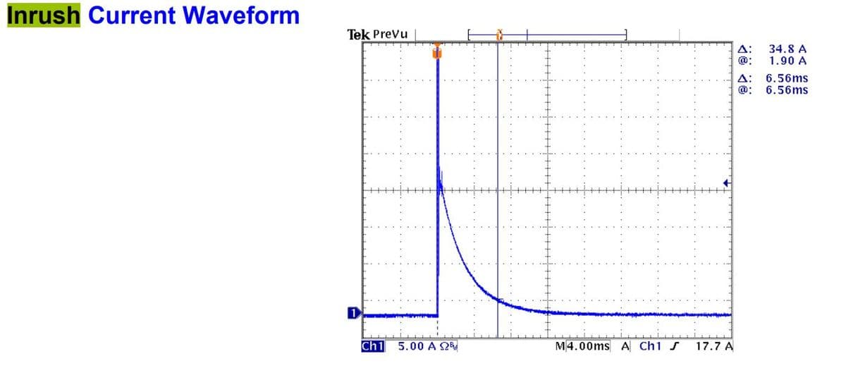 Inrush Current Waveform
Tek Prevu
1
Ch1 5.00 A $2
M4.00ms A Ch1 S
17.7 A
A:
@:
A:
@:
34.8 A
1.90 A
6.56ms
6.56ms