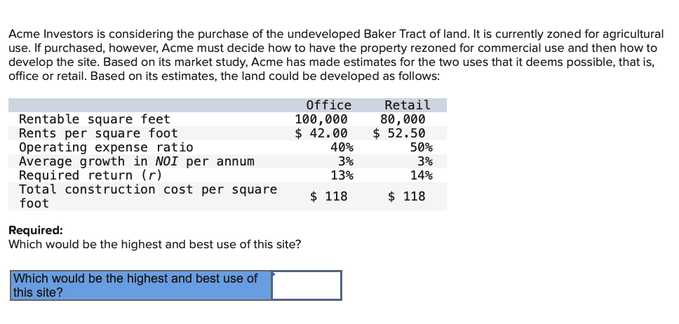 Acme Investors is considering the purchase of the undeveloped Baker Tract of land. It is currently zoned for agricultural
use. If purchased, however, Acme must decide how to have the property rezoned for commercial use and then how to
develop the site. Based on its market study, Acme has made estimates for the two uses that it deems possible, that is,
office or retail. Based on its estimates, the land could be developed as follows:
Rentable square feet
Rents per square foot
Operating expense ratio
Average growth in NOI per annum
Required return (r)
Total construction cost per square
foot
Office
100,000
$ 42.00
Required:
Which would be the highest and best use of this site?
Which would be the highest and best use of
this site?
40%
3%
13%
$118
Retail
80,000
$ 52.50
50%
3%
14%
$118