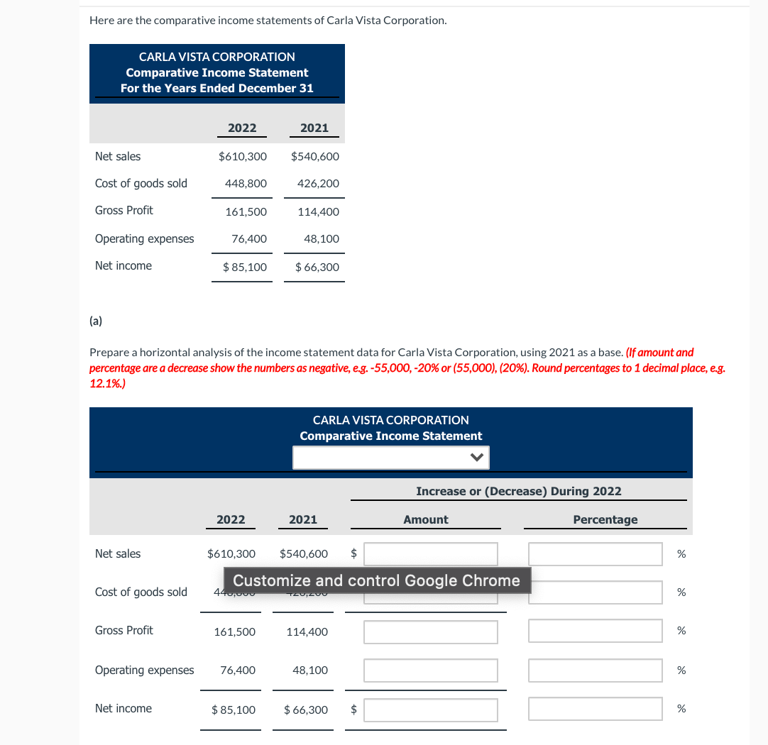 Here are the comparative income statements of Carla Vista Corporation.
CARLA VISTA CORPORATION
Comparative Income Statement
For the Years Ended December 31
2022
2021
Net sales
$610,300
$540,600
Cost of goods sold
448,800
426,200
Gross Profit
161,500
114,400
Operating expenses
76,400
48,100
Net income
$ 85,100
$ 66,300
(a)
Prepare a horizontal analysis of the income statement data for Carla Vista Corporation, using 2021 as a base. (If amount and
percentage are a decrease show the numbers as negative, e.g. -55,000, -20% or (55,000), (20%). Round percentages to 1 decimal place, e.g.
12.1%.)
CARLA VISTA CORPORATION
Comparative Income Statement
Increase or (Decrease) During 2022
2022
2021
Amount
Percentage
Net sales
$610,300
$540,600
2$
%
Customize and control Google Chrome
44,000
Cost of goods sold
Gross Profit
161,500
114,400
%
Operating expenses
76,400
48,100
%
Net income
$ 85,100
$ 66,300
$
%
