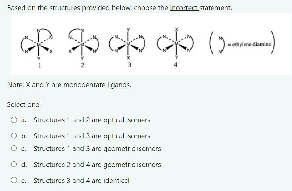 Based on the structures provided below, choose the incorrect statement.
ethylene diamine
(c) do op of to
2
3
Note: X and Y are monodentate ligands.
Select one:
○ a. Structures 1 and 2 are optical isomers
b. Structures 1 and 3 are optical isomers
Structures 1 and 3 are geometric isomers
О с.
○ d. Structures 2 and 4 are geometric isomers
○ e.
Structures 3 and 4 are identical