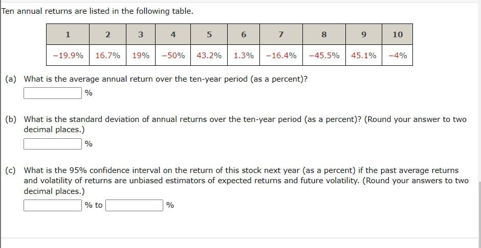Ten annual returns are listed in the following table.
1
-19.9%
2
%
3
4
16.7% 19% -50%
% to
5
6
(a) What is the average annual return over the ten-year period (as a percent)?
%
7
%
43.2% 1.3% -16.4%
8
9
-45.5% 45.1%
(b) What is the standard deviation of annual returns over the ten-year period (as a percent)? (Round your answer to two
decimal places.)
10
-4%
(c) What is the 95% confidence interval on the return of this stock next year (as a percent) if the past average returns
and volatility of returns are unbiased estimators of expected returns and future volatility. (Round your answers to two
decimal places.)